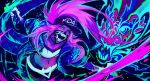  1girl akali baseball_cap commentary english_commentary face_mask hat jacket k/da_(league_of_legends) k/da_akali league_of_legends long_hair looking_at_viewer mask midriff muju ponytail purple_hair solo spray_paint ultraviolet_light yellow_eyes 