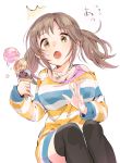  /\/\/\ 1girl black_legwear breasts brown_hair cleavage collarbone eyebrows_visible_through_hair flying_sweatdrops food heart heart_necklace holding ice_cream ice_cream_cone idolmaster idolmaster_cinderella_girls jewelry kakitsubata_zero large_breasts long_sleeves medium_hair necklace open_mouth orange_eyes shirt simple_background sitting solo striped striped_shirt thighhighs totoki_airi twintails white_background zettai_ryouiki 