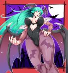  1girl animal_print bare_shoulders bat bat_print bat_wings black_leotard breasts bridal_gauntlets cleavage commentary_request covered_navel demon_girl erect_nipples eyebrows_visible_through_hair from_below full_moon green_hair hand_on_hip head_wings heart_cutout highres large_breasts leotard long_hair moon morrigan_aensland nail_polish night open_mouth pantyhose print_legwear purple_legwear purple_nails purple_wings simple_background solo standing succubus upper_teeth user_gvtp7744 vampire_(game) wings yellow_eyes 