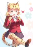  1girl absurdres alternate_costume alternate_hairstyle animal_ears animal_print backpack bag blazer blonde_hair blush brown_hair collared_shirt commentary_request cowboy_shot extra_ears eyebrows_visible_through_hair fang gloves highres holding_strap jacket kanzakietc kemono_friends kemono_friends_festival leg_up leopard_(kemono_friends) leopard_ears leopard_print leopard_tail loafers multicolored_hair neck_ribbon open_mouth plaid plaid_skirt pleated_skirt print_gloves print_legwear ribbon school_uniform shirt shoes short_twintails skirt solo tail thighhighs twintails yellow_eyes zettai_ryouiki 