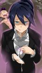  1boy 1girl black_hair blue_eyes boku_no_hero_academia breasts business_suit cafekun collared_shirt commentary_request condom cum cum_in_mouth cum_on_body cum_on_upper_body dress_shirt formal from_above hair_between_eyes highres holding holding_condom jacket licking_lips looking_at_viewer lying medium_breasts midnight_(boku_no_hero_academia) mineta_minoru mohawk nude office_lady on_back open_mouth purple_hair shirt short_hair suit tongue tongue_out used_condom white_shirt 
