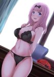  1girl ayumu_(ayumu3659) backlighting bangs black_bow black_bra black_panties blue_eyes blunt_bangs blush bow bra breasts chair cleavage desk fujiwara_chika hair_bow highres hip_focus indoors kaguya-sama_wa_kokurasetai_~tensai-tachi_no_renai_zunousen~ large_breasts long_hair looking_at_viewer navel open_mouth panties pink_hair smile solo thighs underwear 