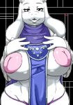 2019 4_fingers anthro areola bedroom_eyes big_breasts boss_monster bovid breasts caprine clothed clothing e! eyelashes female floppy_ears front_view fur g-string goat half-closed_eyes horn huge_breasts ineffective_clothing inverted_nipples long_ears looking_at_viewer mammal nipples no_iris pink_panties presenting presenting_breasts puffy_areola seductive skimpy solo standing teeth tongue toriel undertale underwear video_games white_fur wide_hips 