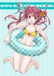  1girl 2014 :o aqua_ribbon barefoot breasts cleavage collarbone eyebrows_visible_through_hair floating_hair flower full_body hair_flower hair_ornament hair_ribbon innertube jumping legs_up long_hair looking_at_viewer navel original red_eyes red_hair red_ribbon ribbon sakuragi_akira small_breasts solo striped striped_background very_long_hair yellow_bikini_top yellow_flower 