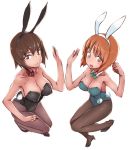  2girls abaratani_kurou animal_ears bangs black_footwear black_legwear black_leotard bow bowtie breasts bunny_ears bunny_tail bunnysuit character_name cleavage closed_mouth collar commentary detached_collar eyebrows_visible_through_hair fake_animal_ears fake_tail flats from_side full_body girls_und_panzer green_footwear green_leotard green_neckwear high_heels highres large_breasts legs leotard light_smile looking_at_viewer medium_breasts multiple_girls name_tag nishizumi_maho nishizumi_miho open_mouth pantyhose red_collar short_hair siblings simple_background sisters smile standing standing_on_one_leg strapless strapless_leotard symmetrical_hand_pose tail white_background white_collar wing_collar 