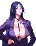  1girl absurdres between_breasts breasts cleavage contemporary eyebrows_visible_through_hair fate/grand_order fate_(series) highres imp_(sksalfl132) large_breasts lips long_hair looking_at_viewer minamoto_no_raikou_(fate/grand_order) mole mole_on_breast nail_polish necktie purple_eyes purple_hair shirt_removed simple_background solo suit_jacket very_long_hair white_background 