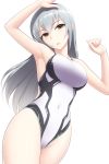  1girl armpits arms_up brown_eyes commentary_request competition_swimsuit covered_navel cowboy_shot idolmaster idolmaster_cinderella_girls long_hair looking_at_viewer one-piece_swimsuit pataniito silver_hair simple_background solo swimsuit takamine_noa white_background white_swimsuit 