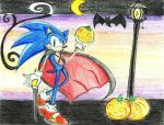  2009 cape clothed clothing eulipotyphlan food footwear fruit gloves green_eyes hedgehog looking_at_viewer male mammal pumpkin shilumi solo sonic_(series) sonic_the_hedgehog traditional_media_(artwork) 