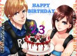  &gt;:) 1boy 1girl 2019 bare_arms bare_shoulders birthday black_gloves blue_eyes blue_shirt blue_tubetop breasts brown_hair cake candle capcom cleavage closed_mouth collarbone copyright_name dated english_text eyebrows_visible_through_hair fingerless_gloves food fruit gloves happy_birthday hat holding holding_cake jill_valentine leon_s_kennedy light_brown_hair lips looking_at_viewer medium_breasts mr.x nagare neck nemesis open_mouth resident_evil resident_evil_1 resident_evil_2 resident_evil_3 shiny shiny_hair shirt short_hair side-by-side simple_background strapless strawberry strawberry_cake teeth trench_coat tubetop upper_body vest zombie 