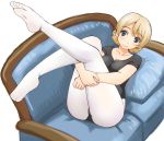  1girl bangs black_leotard blonde_hair blue_eyes braid breasts cleavage closed_mouth commentary couch darjeeling eyebrows_visible_through_hair girls_und_panzer head_tilt leg_hug legs legs_up leotard light_blush looking_at_viewer lying medium_breasts no_shoes on_back on_couch pantyhose pillow short_hair short_sleeves simple_background smile solo tied_hair twin_braids uona_telepin white_background white_legwear 