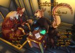  absurd_res angry anthro clothed clothing detailed_background dialogue dunam_(character) duo english_text female fur genet hi_res inside legwear male mammal pantyhose profanity scalie siroc siroc_(character) sitting standing text viverrid 