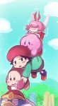  adeleine black_hair blue_sky carrying chiimako cloud dress fairy green_shirt grey_skirt jitome king_dedede kirby kirby_(series) nintendo pink_hair red_dress red_headwear ribbon_(kirby) shaking shirt skirt sky stretch struggling tree waddle_dee 