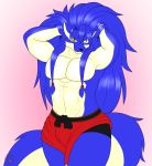  2019 abs anthro bedroom_eyes belt blue_fur blue_hair bulge canid canine canis clothed clothing digital_media_(artwork) duga fur gradient_background hair half-closed_eyes hi_res ky_(malamute) long_hair looking_at_viewer male mammal multicolored_fur muscular muscular_male pecs pink_background playing_with_hair seductive shining_(series) shining_force_exa shorts simple_background slit_pupils smile solo sourou_cerulean_wolf tan_fur topless two_tone_fur video_games wolf yellow_eyes 