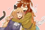  2girls animal_ears black_ears black_tail blonde_hair blush brown_hair bunny_ears bunny_tail cat_ears cat_tail charlotte_e_yeager cowboy_shot cravat eyes_closed fang glasses heart hug long_hair miyoichi_(_miyoichi) multiple_girls one_eye_closed open_mouth perrine_h_clostermann pink_background strike_witches tail world_witches_series 