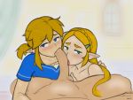  belly blonde_hair blue_eyes blush dross earrings edit eyebrows fellatio green_eyes highres jewelry link long_hair nintendo nude oral penis ponytail princess_zelda shirt stomach testicles the_legend_of_zelda tied_hair tongue tongue_out yaoi 