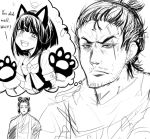 1girl 2boys androgynous animal_ears cat_ears closed_mouth emma_(sekiro) fake_animal_ears gloves highres hinghoi kuro_(sekiro) looking_at_viewer monochrome multiple_boys open_mouth paw_gloves paws scar sekiro:_shadows_die_twice serious simple_background sketch smile thought_bubble upper_teeth 