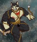  black_fur black_sclera bulge canid canine canis chain clothed clothing croiyan domestic_dog fur garmr hi_res male mammal muscular muscular_male nipples tokyo_afterschool_summoners topless video_games white_fur yellow_eyes 