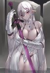  1girl bare_shoulders blush breasts cleavage earrings elf eyebrows_visible_through_hair gauntlets hair_over_one_eye jewelry k_jin large_breasts long_hair looking_at_viewer mole mole_under_eye original pointy_ears purple_eyes red_eyes robe silver_hair smile solo sword thigh_gap wading water weapon 