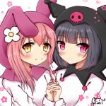  2girls animal_ears bangs black_hair blush brown_hair bunny_ears closed_mouth commentary_request copyright_request dress eyebrows_visible_through_hair fake_animal_ears flower hair_between_eyes hand_holding hand_up heart heart_in_eye highres hood hood_up interlocked_fingers long_hair long_sleeves multiple_girls nyano21 purple_eyes signature simple_background skull smile symbol_in_eye white_background white_dress white_flower yellow_eyes 