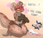  &lt;3 &lt;3_eyes 2019 animated anthro backsash blush bottomless claws clothed clothing dialogue digital_media_(artwork) english_text female gloves horn kneeling kobold loincloth mammal open_mouth piko potion pseftis_crundlequest reptile scalie simple_background solo teeth text thick_thighs wide_hips 