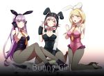  3girls ahoge akamatsu_kaede alternate_costume animal_ears bare_arms bare_shoulders black_footwear black_gloves black_headwear blonde_hair blush braid breasts bunny_ears bunny_girl bunnysuit collarbone commentary_request danganronpa danganronpa_1 eighth_note english_text eyebrows_visible_through_hair fishnet_pantyhose fishnets flipped_hair gloves hair_ornament hair_ribbon hairclip kirigiri_kyouko kneeling large_breasts long_hair looking_at_viewer medium_hair mimo_(amimo0805) mismatched_sleeves multiple_girls musical_note musical_note_hair_ornament nanami_chiaki necktie new_danganronpa_v3 orange_neckwear pantyhose pink_eyes pink_hair purple_eyes purple_hair red_neckwear red_ribbon ribbon side_braid simple_background single_braid sitting super_danganronpa_2 white_background wrist_cuffs 