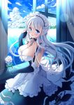  1girl apron azur_lane bangs belfast_(azur_lane) black_gloves blue_eyes blush braid breasts chains cleavage cloud cloudy_sky collar collarbone commentary_request day dress eyebrows_visible_through_hair fingerless_gloves french_braid frills gloves hoshino_koucha indoors large_breasts long_hair looking_at_viewer maid maid_headdress ocean open_window silver_hair sky smile solo summer white_hair window 
