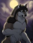  2019 anthro blue_eyes canid canine canis digital_media_(artwork) hi_res inkrend male mammal moon rakan scar were werecanid werecanine werewolf wolf 