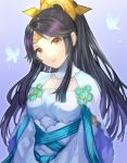  1girl black_hair brown_eyes bug butterfly closed_mouth dress fire_emblem fire_emblem_heroes fire_emblem_if gradient gradient_background hair_ornament insect jurge long_hair mikoto_(fire_emblem_if) mole nintendo ponytail simple_background smile solo upper_body white_dress 