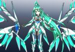  1girl absurdres armor artist_request breasts elbow_gloves eyebrows_visible_through_hair gloves green_eyes green_hair hair_ornament headpiece highres long_hair looking_at_viewer mechanical_wings medium_breasts nintendo pneuma_(xenoblade_2) ponytail smile solo spoilers thighhighs tiara very_long_hair wings xenoblade_(series) xenoblade_2 
