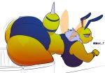  abdomen annoyed anthro arthropod bee big_butt breasts butt capdocks clothed clothing dialogue english_text female fur huge_butt hymenopteran insect kacia looking_back non-mammal_breasts solo stinger stuck text thick_thighs yellow_fur 