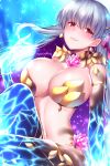  1girl absurdres armlet artist_name bangs bare_shoulders blush bracelet breasts earrings fate/grand_order fate_(series) flower hair_ornament hair_ribbon highres jewelry kama_(fate/grand_order) knee_up large_breasts long_hair looking_at_viewer navel parted_lips red_eyes revealing_clothes ribbon silver_hair sitting smile solo sparkle thighs xayux 