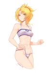  1girl blonde_hair blush braid breasts cropped_legs erect_nipples fate/apocrypha fate/grand_order fate_(series) french_braid green_eyes groin hair_over_one_eye highres kuso_otoko mordred_(fate)_(all) ponytail self_exposure small_breasts strap_gap swimsuit_tug watermark web_address white_background 