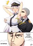  1boy 1girl 2koma absurdres armpit_licking armpits arms_behind_head arms_up azur_lane band-width bangs bare_shoulders belt blush breast_grab breasts comic commander_(azur_lane) enterprise_(azur_lane) erect_nipples eyebrows_visible_through_hair gloves grabbing hat highres jojo_no_kimyou_na_bouken large_breasts licking long_hair military military_uniform necktie open_mouth parody peaked_cap purple_eyes serious shaved_head shirt signature silver_hair sleeveless sleeveless_shirt surprised sweat uniform very_long_hair 