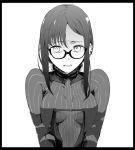  1girl asymmetrical_bangs bangs black_hair breasts character_request consort_yu_(fate) fate/grand_order fate_(series) glasses greyscale monochrome open_mouth semi-rimless_eyewear small_breasts solo striped swept_bangs syatey upper_body v_arms white_background 