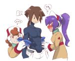  ... 3girls aile bangs blush brown_hair gloves hat high_ponytail long_hair muguet_(rockman_zx) multiple_girls nurse nurse_cap ponytail purple_hair robot_ears rockman rockman_zx rose_(rockman_zx) simple_background undressing undressing_another white_background white_gloves 