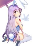  1girl animal_ears artist_request ass bare_shoulders blue_leotard breasts bunny_ears bunny_tail detached_collar erina_(rabi-ribi) from_behind hammer high_heels leotard long_hair looking_back oversized_object purple_eyes purple_hair rabi-ribi shoes sideboob simple_background sitting smile solo strapless strapless_leotard tail thighhighs weapon white_background white_legwear 