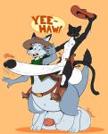  anthro balls belly big_balls cowboy cowboy_hat dawmino domestic_cat duo erection felid feline felis fur hat hi_res huge_balls humanoid_penis hyper hyper_balls hyper_penis macropod male male/male mammal marsupial orange_background penis riding rubikang saddle simple_background texas western yee_haw 