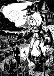  castle cobblestone forest giantess graveyard greyscale hair_over_one_eye hat monochrome moon nature original setz sweatdrop top_hat vampire village well 