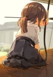  1girl arrow bangs blue_hakama blush bow_(weapon) brown_hair embarrassed female from_behind full_body hair_tie hakama hand_up holding japanese_clothes kimono open_mouth original outdoors peeing peeing_self ponytail puddle reflection seiza shiny shiny_hair short_sleeves sitting solo steam sweat tied_hair wavy_mouth weapon wet wet_clothes white_kimono yomiclone 