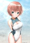  1girl :&gt; aqua_eyes arms_behind_back artist_name blue_sky blush breasts brown_hair cleavage_cutout closed_mouth commentary_request competition_swimsuit covered_navel eyebrows_visible_through_hair garter-velvet highleg highleg_swimsuit highres light_smile looking_at_viewer ocean one-piece_swimsuit original outdoors shiny shiny_hair shiny_skin short_hair sideboob skin_tight sky standing sunlight swimsuit two-tone_swimsuit 
