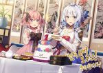  2girls ahoge alternate_costume azur_lane blue_eyes blush braid cake candle commentary_request cream cream_on_face crown_braid flower food food_in_mouth food_on_face fork hair_flower hair_ornament hair_ribbon hanbok holding holding_fork holding_plate illustrious_(azur_lane) korean_clothes korean_commentary korean_text layered_cake looking_at_viewer low_twintails medium_hair multiple_girls official_art pink_hair plate pot purple_eyes ribbon saratoga_(azur_lane) short_hair silver_hair sparkle sparkling_eyes table tea twintails watermark 