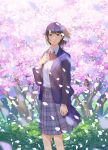  1girl black_hair blazer bow bowtie bush cherry_blossoms commentary hand_up hiko_(scape) jacket light_smile looking_at_viewer original petals plaid plaid_skirt school_uniform short_hair skirt solo tree wind 