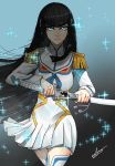  1girl artist_name black_hair blue_eyes contrapposto eadgear eyebrows_visible_through_hair gradient gradient_background highres katana kill_la_kill kiryuuin_satsuki long_hair sailor_collar sheath shiny shiny_skin skirt solo sparkle sword thighhighs thighs unsheathing walking weapon white_legwear white_skirt zettai_ryouiki 