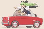  3girls anchovy anzio_school_uniform arm_support bangs beige_background beret black_cape black_hair black_headwear black_neckwear black_ribbon black_skirt blonde_hair braid brown_eyes cape carpaccio dress_shirt drill_hair driving eyebrows_visible_through_hair fiat_500 girls_und_panzer green_hair grin hair_ribbon hat holding_map leaning_forward long_hair long_sleeves miniskirt multiple_girls necktie open_mouth pantyhose pepperoni_(girls_und_panzer) pleated_skirt pointing red_eyes ribbon school_uniform shadow shirt short_hair side_braid simple_background sitting skirt smile standing twin_drills twintails uona_telepin white_legwear white_shirt wind 