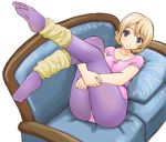  1girl bangs blonde_hair blue_eyes braid breasts cleavage closed_mouth commentary couch darjeeling eyebrows_visible_through_hair girls_und_panzer head_tilt leg_hug leg_warmers legs legs_up leotard light_blush looking_at_viewer lying medium_breasts no_shoes on_back on_couch pantyhose pillow purple_legwear purple_leotard short_hair short_sleeves simple_background smile solo tied_hair twin_braids uona_telepin white_background yellow_legwear 