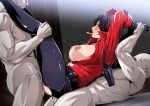  1girl ada_wong anal areolae arm_grab arms_up ass bald black_eyes black_hair black_pants blush breasts breasts_outside censored clenched_teeth clothed_female_nude_male double_penetration from_side gloves gureko_rouman highres indoors large_breasts legs legs_up looking_at_another lying motion_lines nipples no_bra nude on_back pants parted_lips penis red_shirt resident_evil resident_evil_6 sex shirt short_hair sweat teeth thighs torn_clothes unbuttoned vaginal 