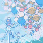  :d blue_sky cloud cloudy_sky commentary creature day drifblim drifloon english_commentary gen_2_pokemon gen_4_pokemon hoppip jumpluff mountain no_humans open_mouth outdoors pokemon pokemon_(creature) signature skiploom sky smile valley_windworks wind_turbine windmill yamato-leaphere 