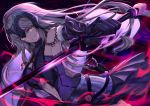  1girl ahoge armor armored_dress banner chains dress dutch_angle eyebrows_visible_through_hair fate/grand_order fate_(series) faulds floating_hair fur-trimmed_gloves fur_trim gloves headpiece holding holding_sword holding_weapon jeanne_d&#039;arc_(alter)_(fate) jeanne_d&#039;arc_(fate)_(all) kyuu_(chiu850513) long_hair midriff navel_cutout outstretched_arms parted_lips purple_dress silver_hair sleeveless sleeveless_dress solo stomach sword very_long_hair weapon yellow_eyes 