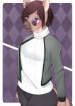  1girl absurdres brown_hair denyfake furry glasses highres purple_eyes short_hair solo sweater 