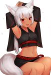  1girl :d animal_ears armpits arms_behind_head arms_up bangs bare_legs bare_shoulders black_shirt black_skirt breasts commentary_request crop_top detached_sleeves fang fox_ears fox_tail hair_between_eyes japanese_clothes long_hair long_sleeves looking_at_viewer mathew_(srmmk_mce) midriff miniskirt navel open_mouth original ponytail red_eyes rope shirt simple_background sitting skirt small_breasts smile solo stomach tail thick_eyebrows white_background white_hair wide_sleeves 